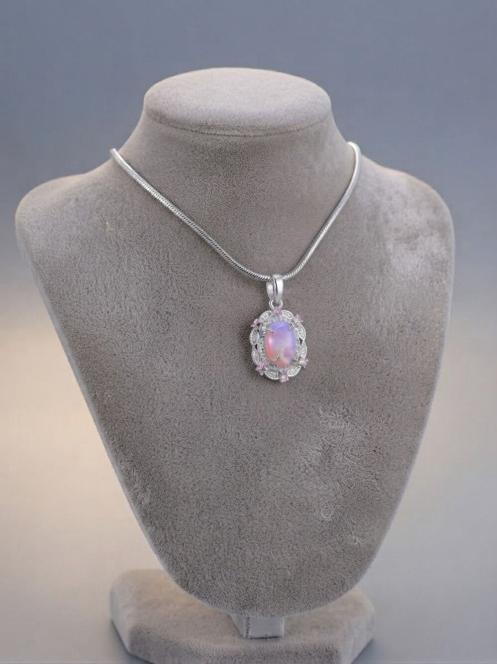 Stunning Silver Opal Halo Pendant Necklace – Iridescent Pink & Purple Gemstone